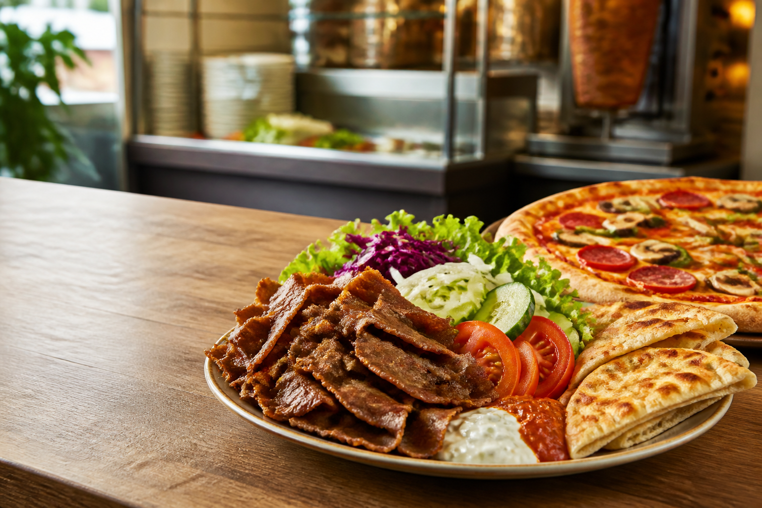 Döner Teller und Pizza auf einem Restauranttisch