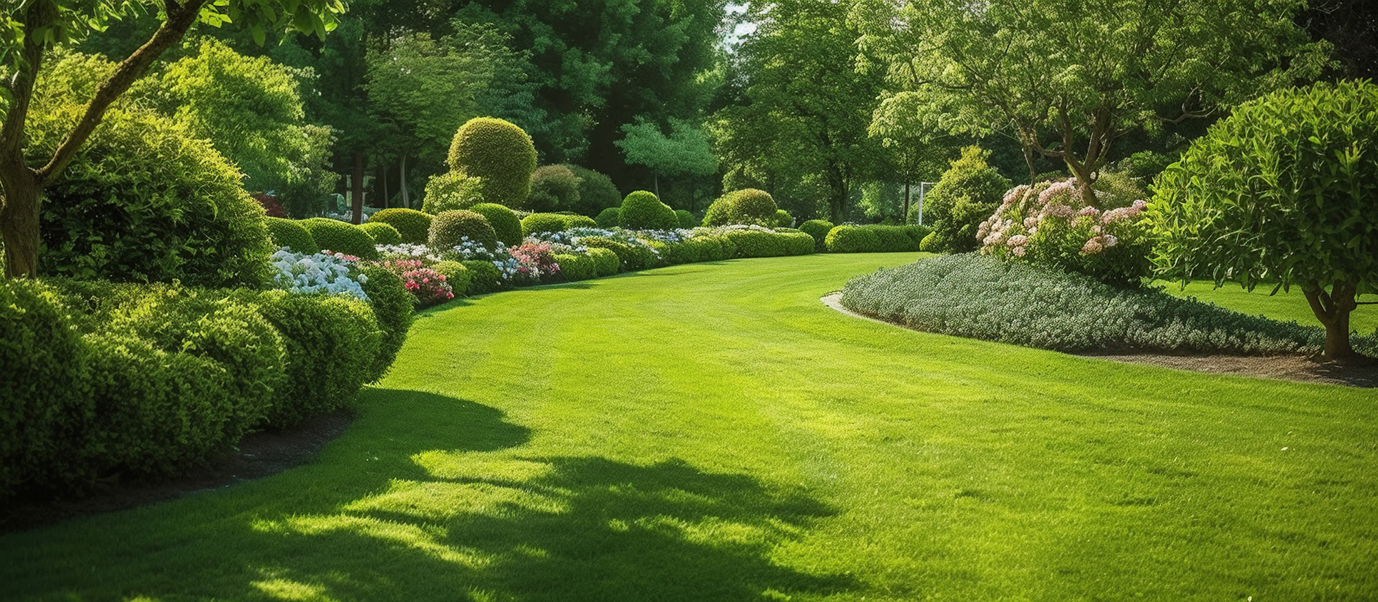 Nachher: gepflegter Garten mit Rasen, Formschnitt und Blühbeeten