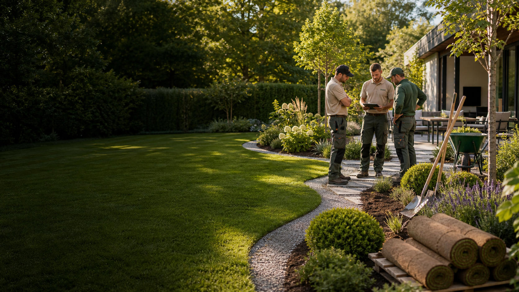 Team von GrünWerk Gartenbau bei der Projektbesprechung